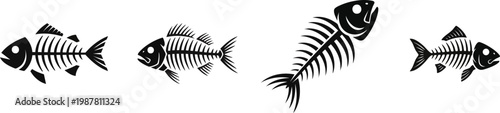 a collection of black fish skeleton vector art on a white background
