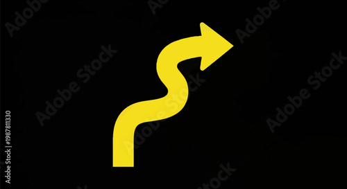 Yellow winding arrow icon on a solid black background representing a curvy road ahead traffic symbol pointing toward the upper right corner with smooth rounded corners.