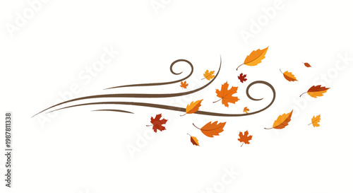 Stylized vector illustration of autumn leaves blowing in wind swirls, featuring maple and oak foliage in shades of orange, yellow, and red, isolated on a white background.