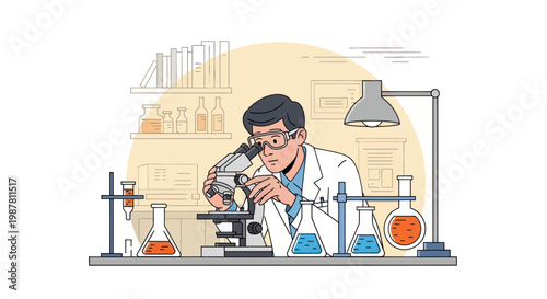 Scientist Looking Through Microscope Lens.