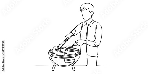 A single continuous line drawing of a person grilling sausages on a small charcoal barbecue unit Vector, illustration