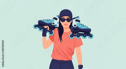 Flat vector illustration of a female skater carrying light blue inline skates on her shoulders, wearing a dark blue cap, sunglasses, peach shirt, and fingerless gloves.