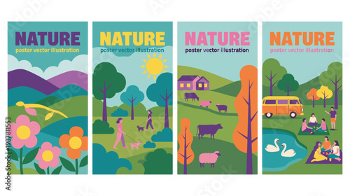 Happy nature scenes vector illustrations featuring people enjoying outdoors with animals and plants.