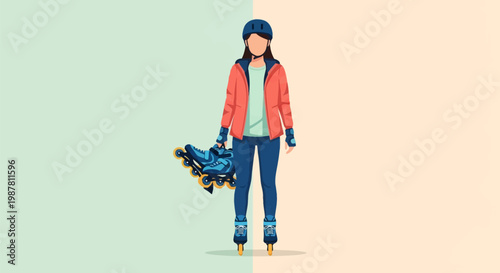 Full body vector illustration of a woman in an orange jacket and blue helmet wearing inline skates and holding another pair of blue rollerblades against a split colored background.