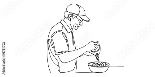 A single continuous line drawing of an older man wearing a baseball cap preparing a small bowl Vector, illustration