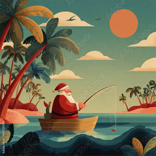 Santa Claus finds relaxation on a sunny tropical beach, casting his fishing line from a small boat amidst palm trees in a wonderfully detailed flat vector illustration