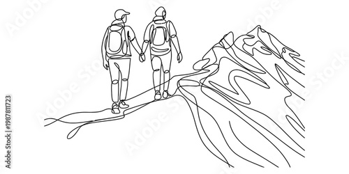 A single continuous line drawing of two backpackers hiking up a mountain trail in the wilderness. Vector, illustration