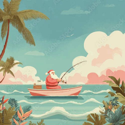Santa Claus goes fishing on a tropical beach with palm trees and the ocean, a whimsical holiday scene