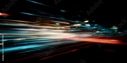 abstract light-speed background with colorful, glowing lines moving rapidly in the dark sky.