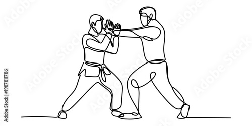 A single continuous line drawing of two people engaged in a martial arts sparring session match Vector, illustration