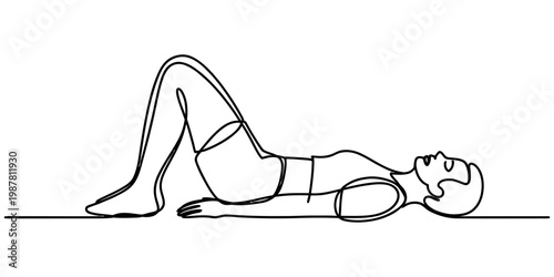 A single continuous line drawing of a person lying on their back doing a bridge exercise pose. Vector, illustration