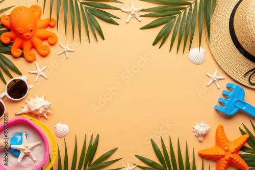 Summer Beach Accessories and Kids Toys Flat Lay with Copy Space on Pastel Orange Background