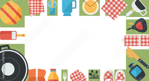 A picnic-themed vector frame featuring various kitchenware and outdoor items around a central blank white space for text or images.