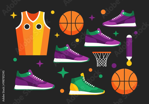 Basketball Lifestyle Icon Set with Sneakers, Jersey, and Balls in Flat Vector Style