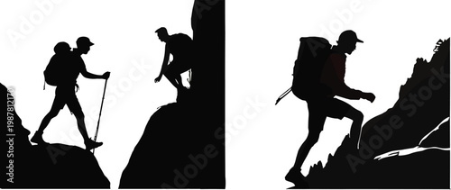 Adventure hiking silhouettes of climbers with trekking poles and backpacks on rocky terrain, vector illustration for outdoor exploration stock content