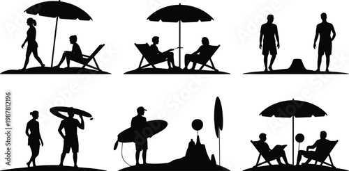 Beach vacation silhouettes with umbrella, lounge chairs, surfboards, sandcastle, beach ball, and people enjoying summer coastal leisure activitiesBeach vacation silhouettes