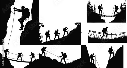 Silhouette hikers climbing mountains, crossing rope bridges, trekking through nature, teamwork adventure, outdoor exploration, mountaineering challenge, wilderness journey scene