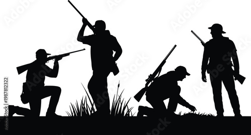Silhouette hunters with rifles in outdoor hunting stances, teamwork in nature, kneeling aiming crouching standing poses with vegetation background