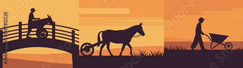 Silhouette illustration of rural agricultural life with people pushing wheelbarrows and horse cart at sunset orange gradient background