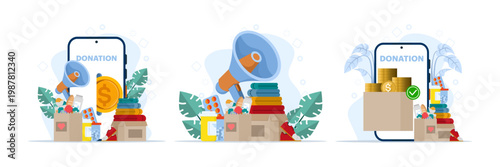 Donation and charity activity illustration set with online giving participation, fundraising support, and social care concept, clean flat vector style for digital and infographic use.