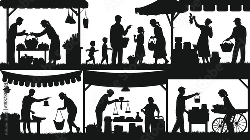 Silhouette people at outdoor market stalls buying and selling goods, traditional street fair, local trade, community shopping scene