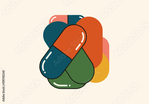 Minimalist Vector Illustration of Abstract Colorful Medical Capsules and Pills for Healthcare Branding