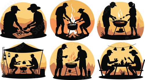 Silhouette people cooking and dining outdoors at sunset with mountains, trees, campfire, barbecue grill, canopy lanterns, picnic table lights