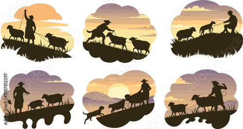 Silhouette shepherd with goats and dog herding on colorful sunset hills pastoral rural landscape vector illustration for Adobe Stock