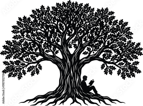 Silhouette of a Boy Reading a Book Under a Large Majestic Oak Tree with Deep Roots Representing Knowledge Growth and Education