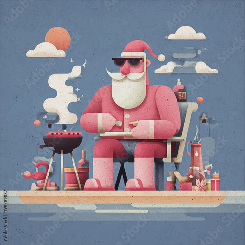 Santa on a beach vacation, enjoying a barbecue during the summer holidays