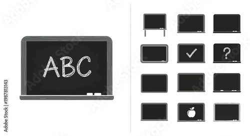Blackboard with ABC text and collection of diverse chalkboard icons