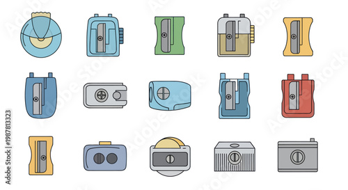 Collection of colorful vintage and modern pencil sharpeners on white background