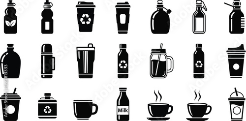 Black and white of various beverage containers and cups bottle