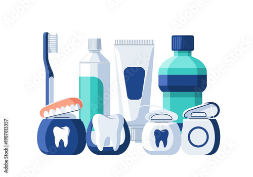 Dental Care and Oral Hygiene Kit Illustration featuring Toothbrush, Toothpaste, Mouthwash, and Dental Floss for Healthy Teeth