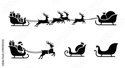 Santa Claus Sleigh Reindeer Silhouette Collection Vector Art