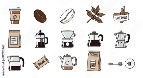 Coffee Icons Set: Beans, Brew, Takeaway Cup, Moka Pot, French Press, Bags, Sugar