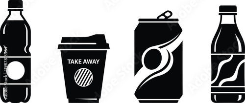 Black and white of beverage containers including bottles and a can