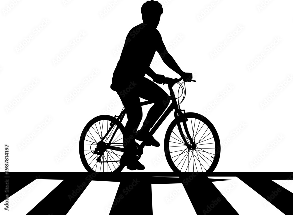 Obraz premium Silhouette of a male cyclist riding a bicycle across a pedestrian zebra crossing, urban commuting and healthy lifestyle concept