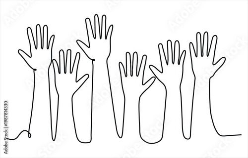 Raised hands continuous line art illustration symbolizing unity volunteering voting participation and collective engagement