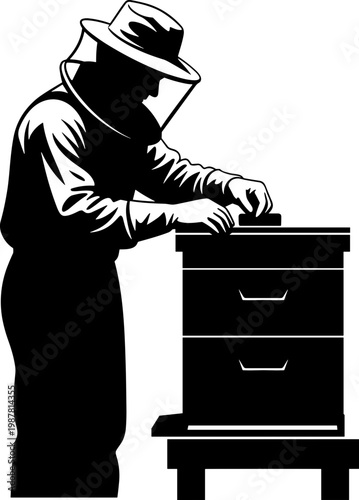 Beekeeper in Protective Gear Working on a Beehive Silhouette Vector Illustration for Apiculture and Honey Production Industry