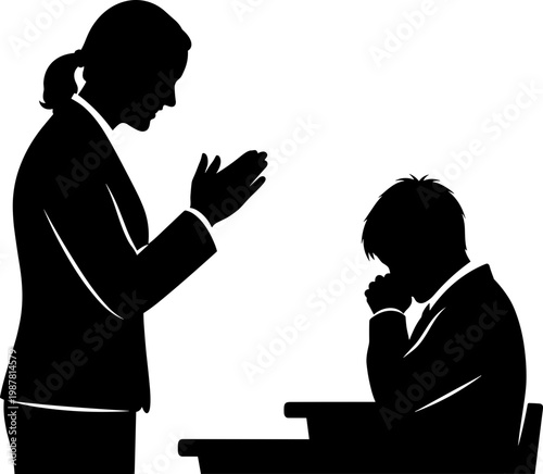 Silhouette of a Businesswoman Scolding or Firing a Depressed Male Employee in an Office, Workplace Conflict and Power Dynamic Concept