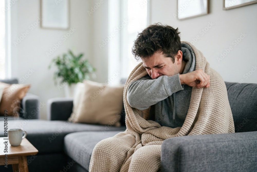Fototapeta premium Vulnerable young man wrapped in blanket sneezing into elbow on sofa