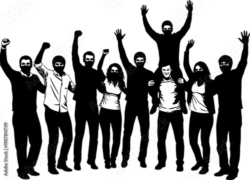 Silhouette of Masked Activists and Protestors in a Crowd Raising Fists for Social Demonstration