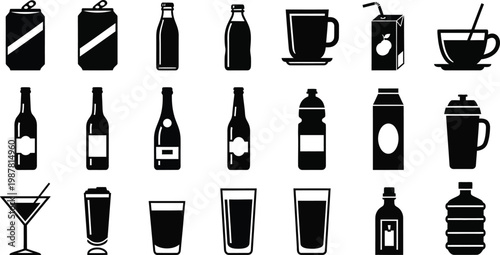 Black and white of various beverage containers and glasses drink bottle 2