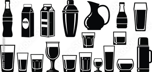 Black and white of various beverage containers and glasses drink bottle carton