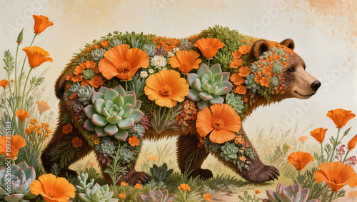 Surrealistic Grizzly Bear Walking Covered in Orange Poppies and Succulent Plants