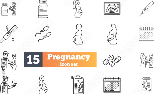 Pregnancy icons set medical tools stages and related healthcare elements