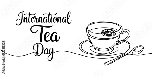 A minimalist black and white line art illustration celebrating the annual international tea day Vector, illustration