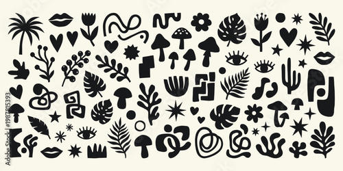 Abstract cutout shapes collection, organic hand drawn elements including leaves, mushrooms, eyes and symbols, black vector set for modern art, collage and creative design use