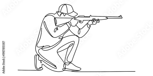 Minimalist one line art of a hunter crouching while aiming a rifle towards a distant target area. Vector, illustration